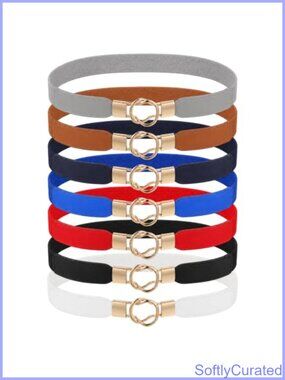 7 Pack Skinny Elastic Waist Belts Metal Buckle Stretch Dress Belt Set